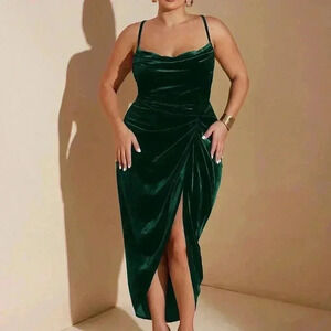 Dark Green Party Women's Plus Size Draped Neck High Slit Ruffle Hem Velvet Dress